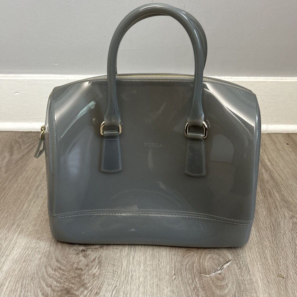 Furla Candy Bag 12" Gray Opaque Clouded Rubber Jelly Purse Italy Handbag Satchel